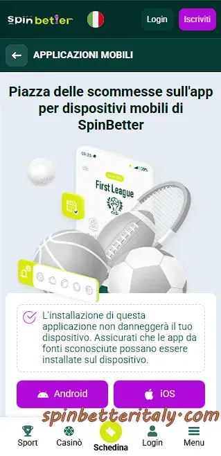 App mobile Spinbetter Italia per scommesse sportive e casinò online su Android e iPhone
