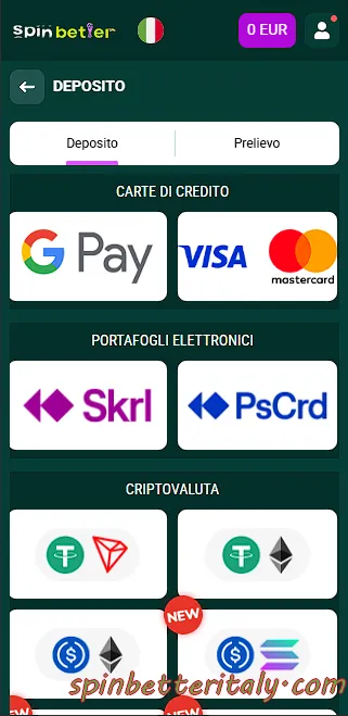 Metodi di deposito su SpinBetter Italia