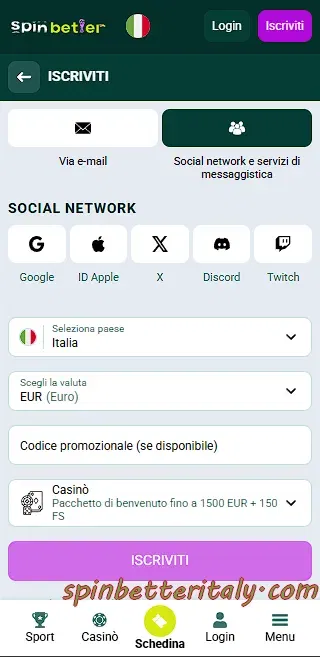 Registrazione tramite social network su SpinBetter