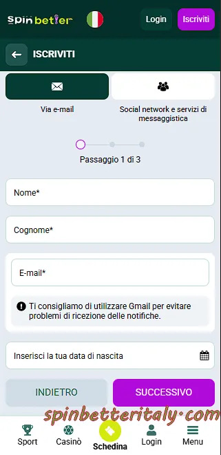 Registrazione via e-mail su SpinBetter – passaggio 1
