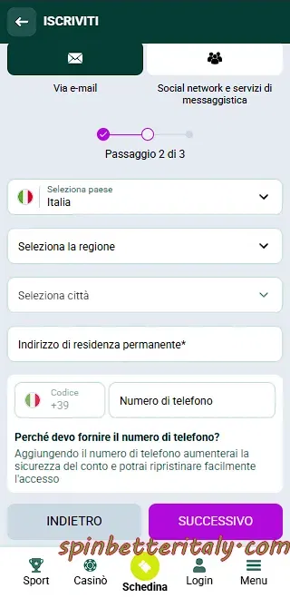 Registrazione via e-mail su SpinBetter – passaggio 2