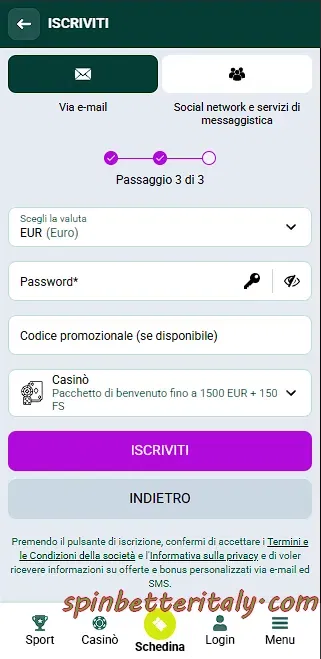 Registrazione via e-mail su SpinBetter – passaggio 3