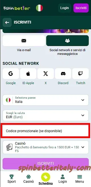 Campo codice promozionale durante la registrazione